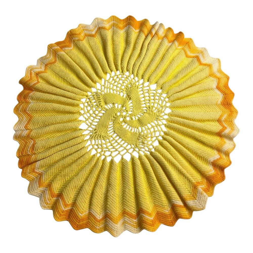 Vintage Yellow Orange Chevron Pleated Circle Doily Large Knitted 16” Diameter
